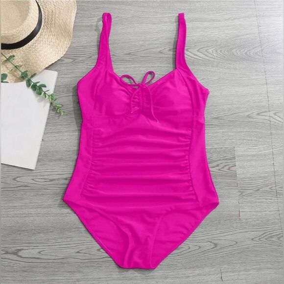 DACI Retro Tummy Control Ruched Barbie Hot Pink Adjustable Plus Swimsuit NWT 20W - Picture 5 of 13